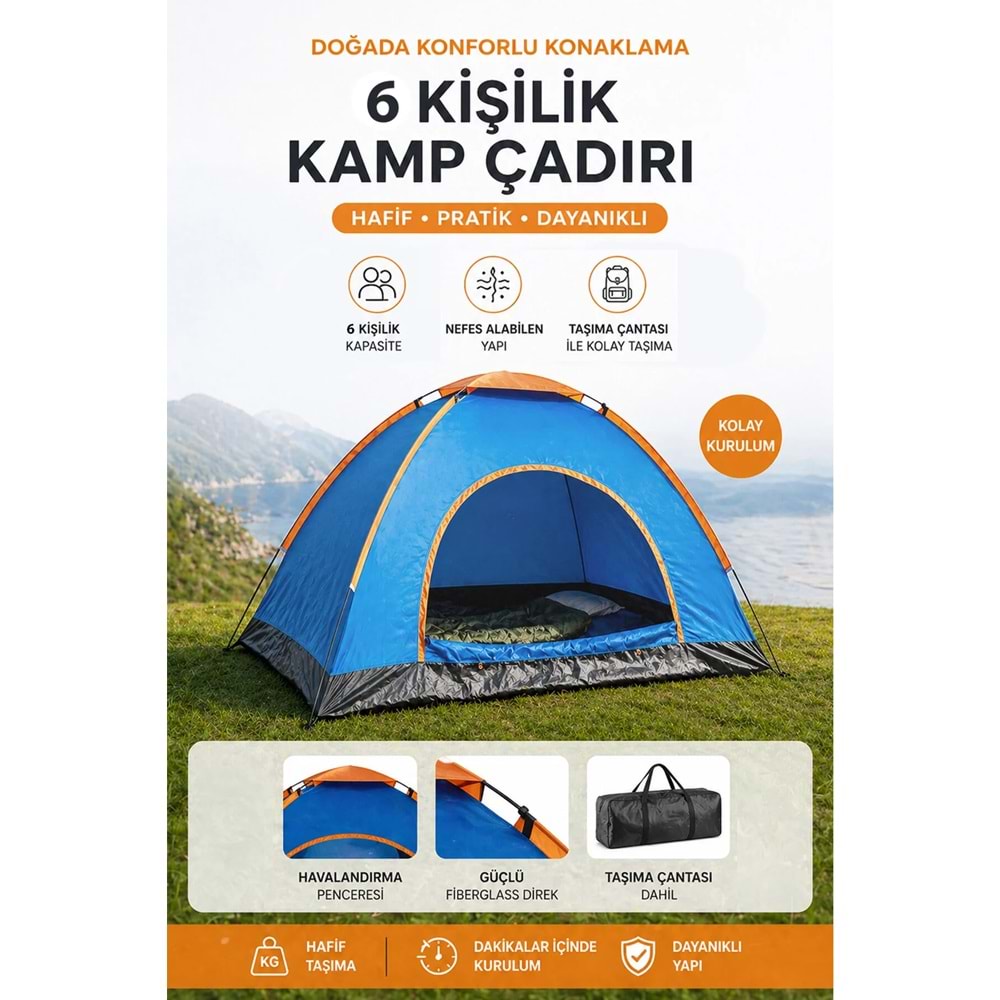 Onetick 6 Kişilik 220x250x150 kamp çadırı