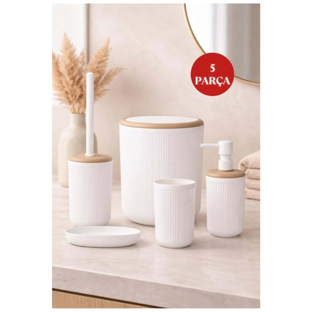 Okyanus Home Linea Due Kırık Beyaz Çizgili Yuvarlak 5'li Banyo Seti