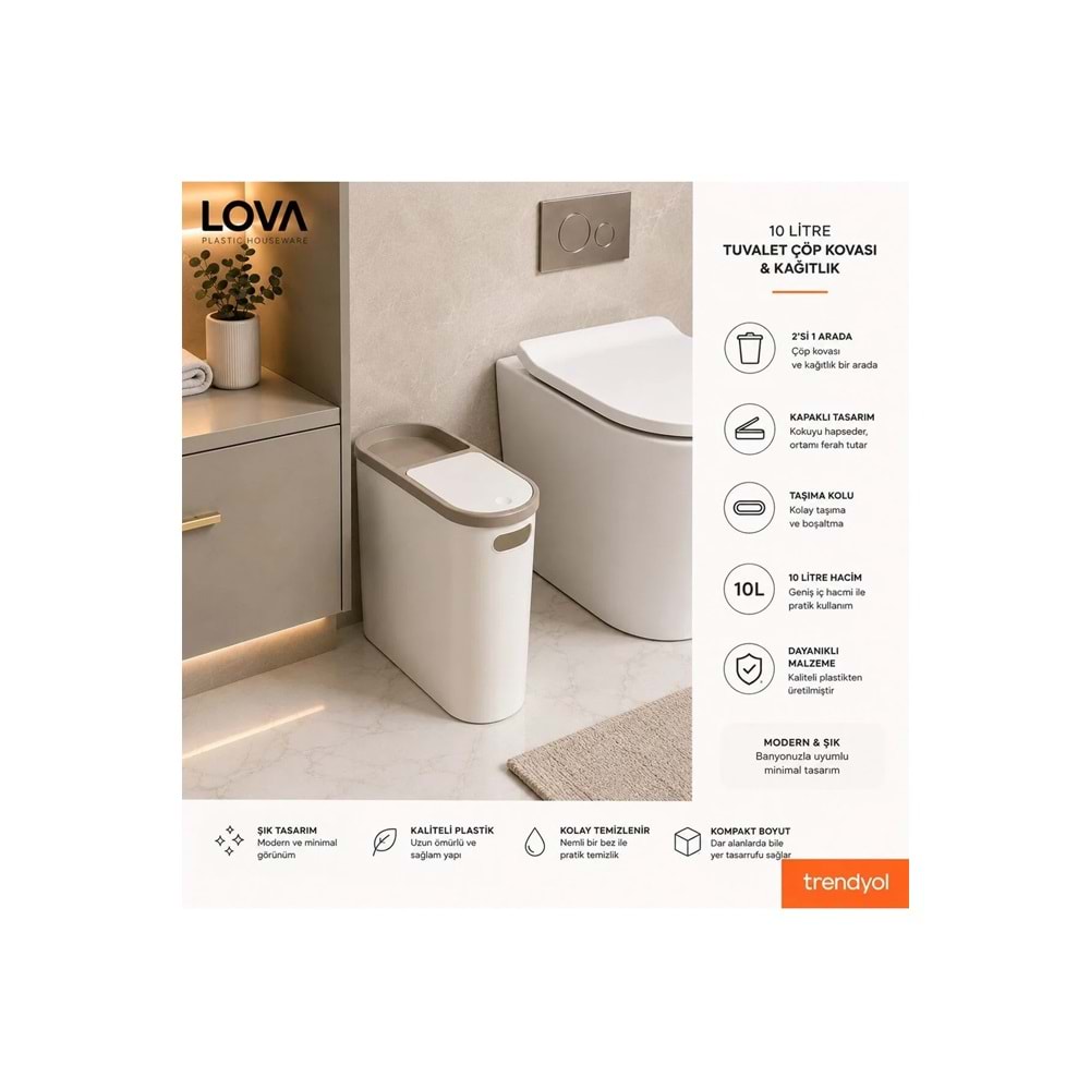 Lova 10 lt Kups Banyo,Ofis,Mutfak Çöp Kovası (KREM)