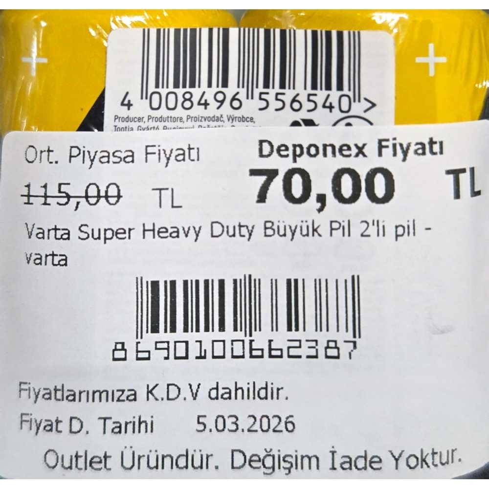 Varta Super Heavy Duty Büyük Pil 2'li pil -varta