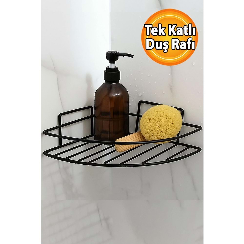 Badem10 Siyah Tek Katlı Duş Şampuanlık Banyo Rafı Metal Şampuan ve Aksesuar Düzenleyici Vidalı Montaj