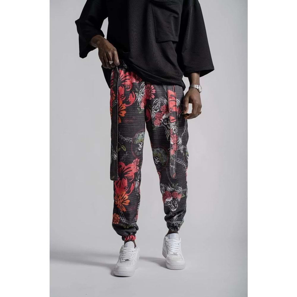 Superbluemexico Erkek Desenli Kuşaklı Cepli Jogger Pantolon