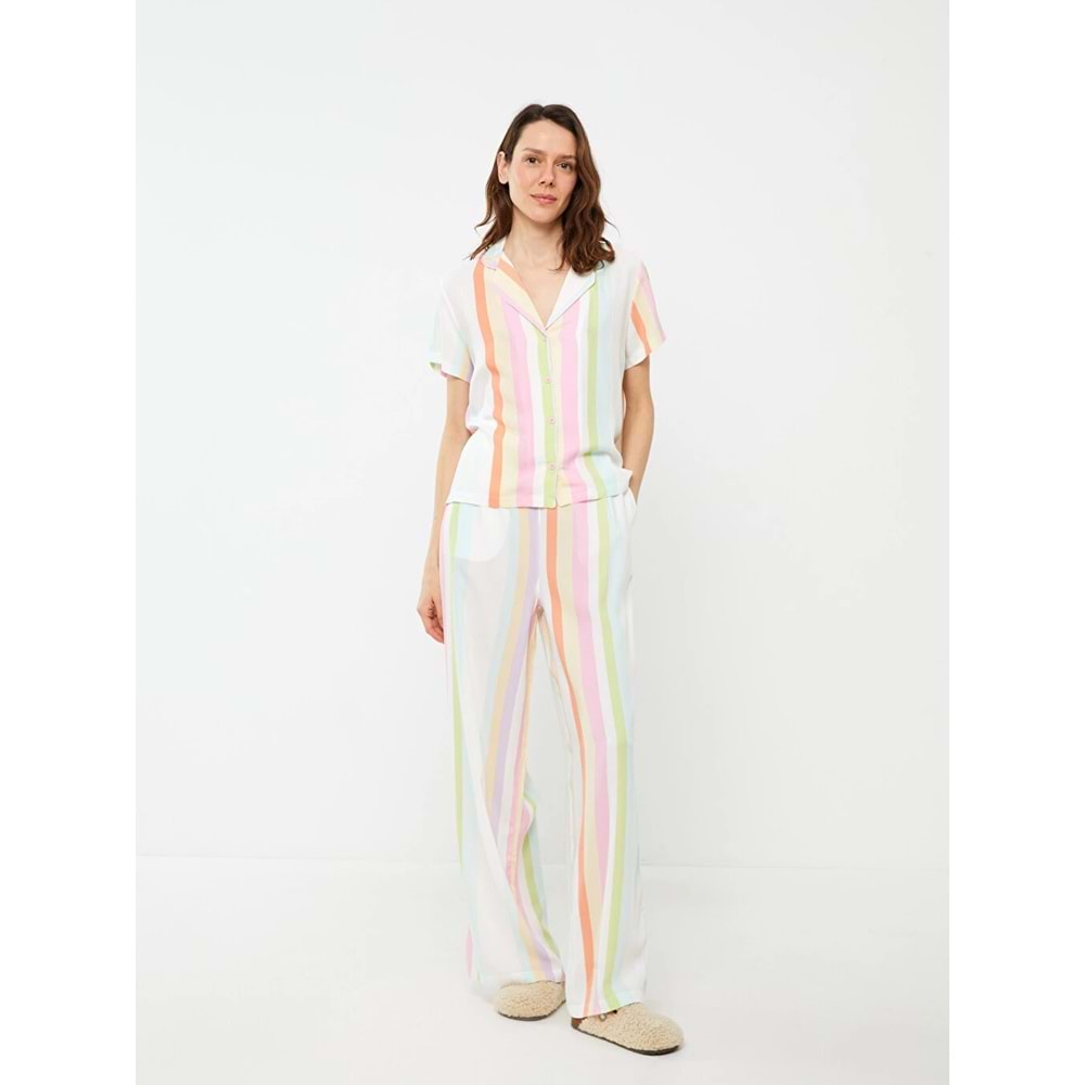 LCW DREAM Karışık Gömlek Yaka Çizgili Kısa Kollu Kadın Pijama Takım
