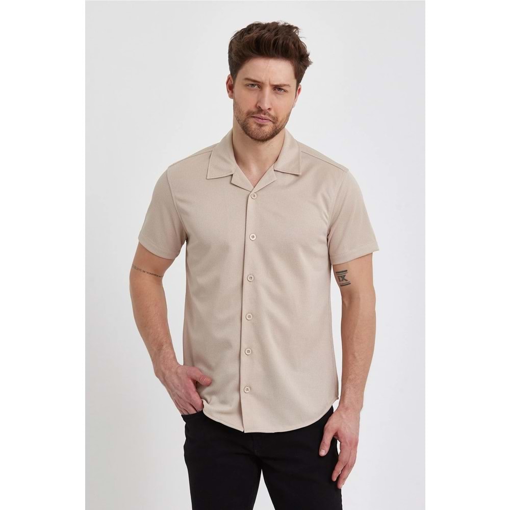 Erkek Gömlek Slim Fit Apaş Yaka Çizgi Desenli Kısa Kollu Gömlek Yazlık Gömlek