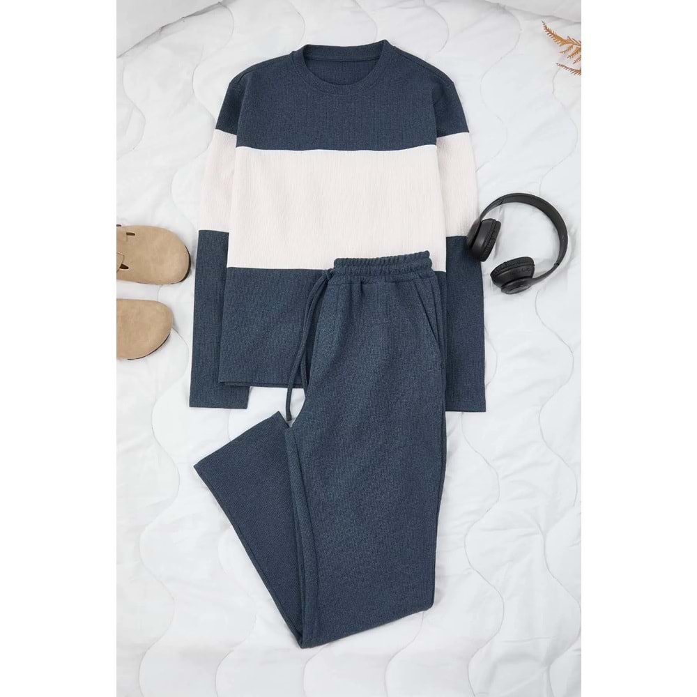 Trendyolmilla Man Indigo Regular Kesim Renk Bloklu Dokulu Örme Pijama Takımı