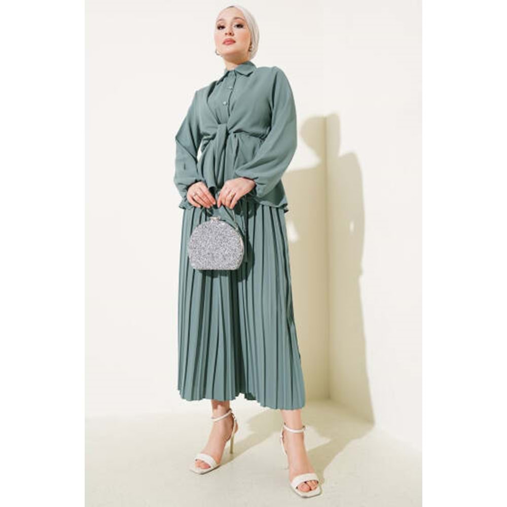 Bel Lastikli Bağlamalı Pilise Etekli Takım Mint