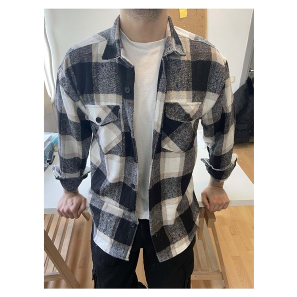 Tarz Cool Kırık Beyaz Erkek Slim Fit Çift Cepli Düz Gömlek