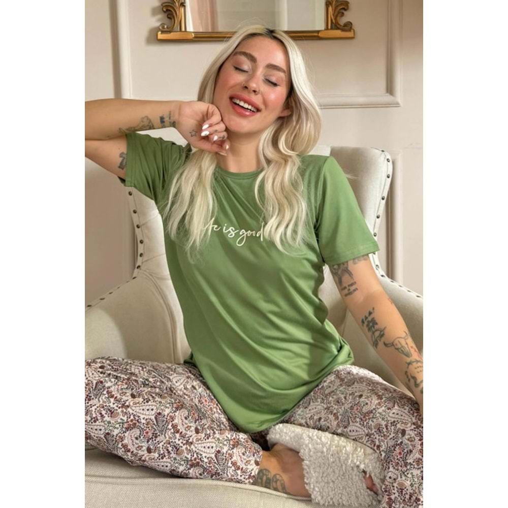 Yeşil Life is Good Desenli Kısa Kollu Örme Kadın Pijama Takımı