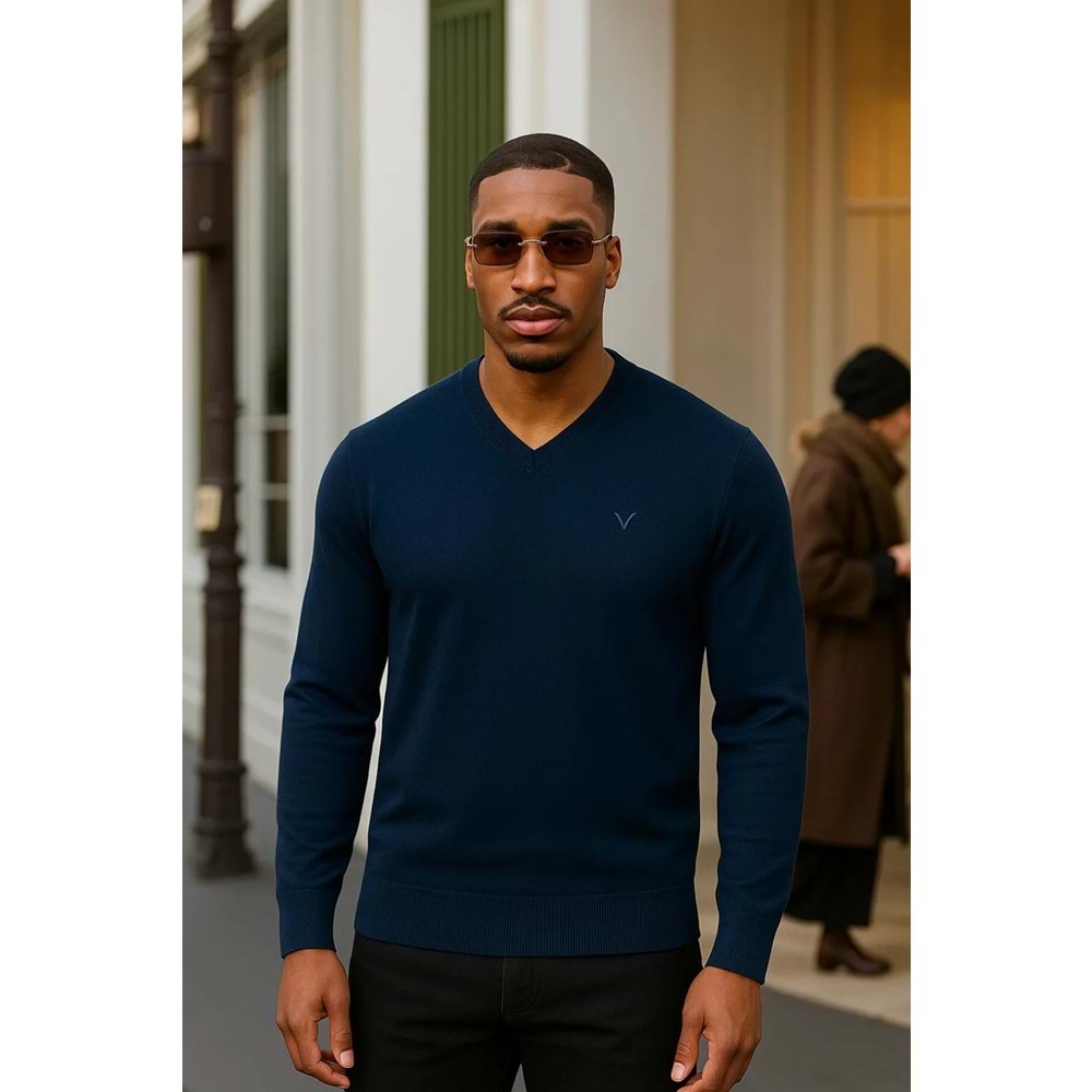 Maccali Erkek Trend Günlük Uzun Kollu V Yaka Lacivert Oversize Sweatshirt