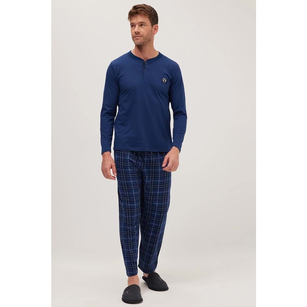 Erkek Regular Fit Pamuklu Düğmeli Yaka Beli Lastikli Desenli İndigo Pijama Takımı