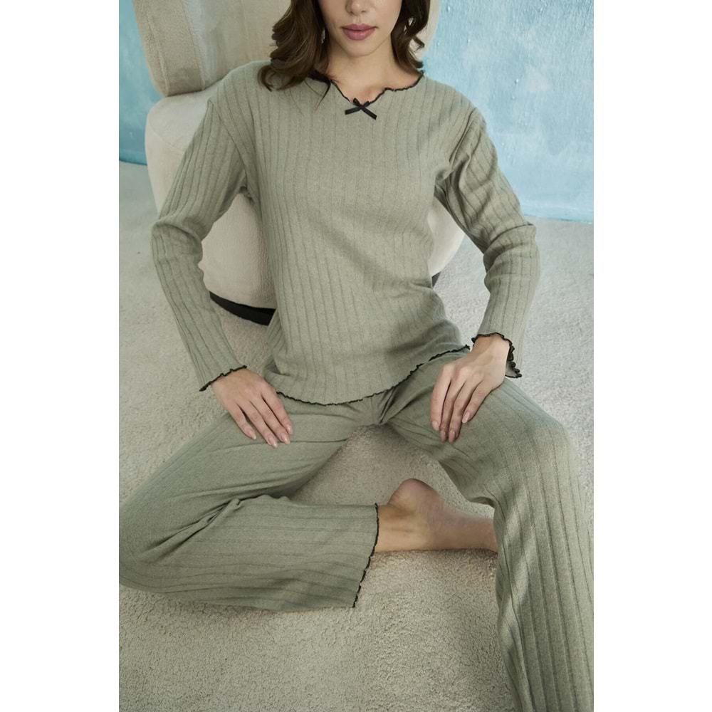 STELLAPİNK Pamuklu Fiyonk Detaylı Fitilli Kalın Uzun Kollu Pijama Takımı