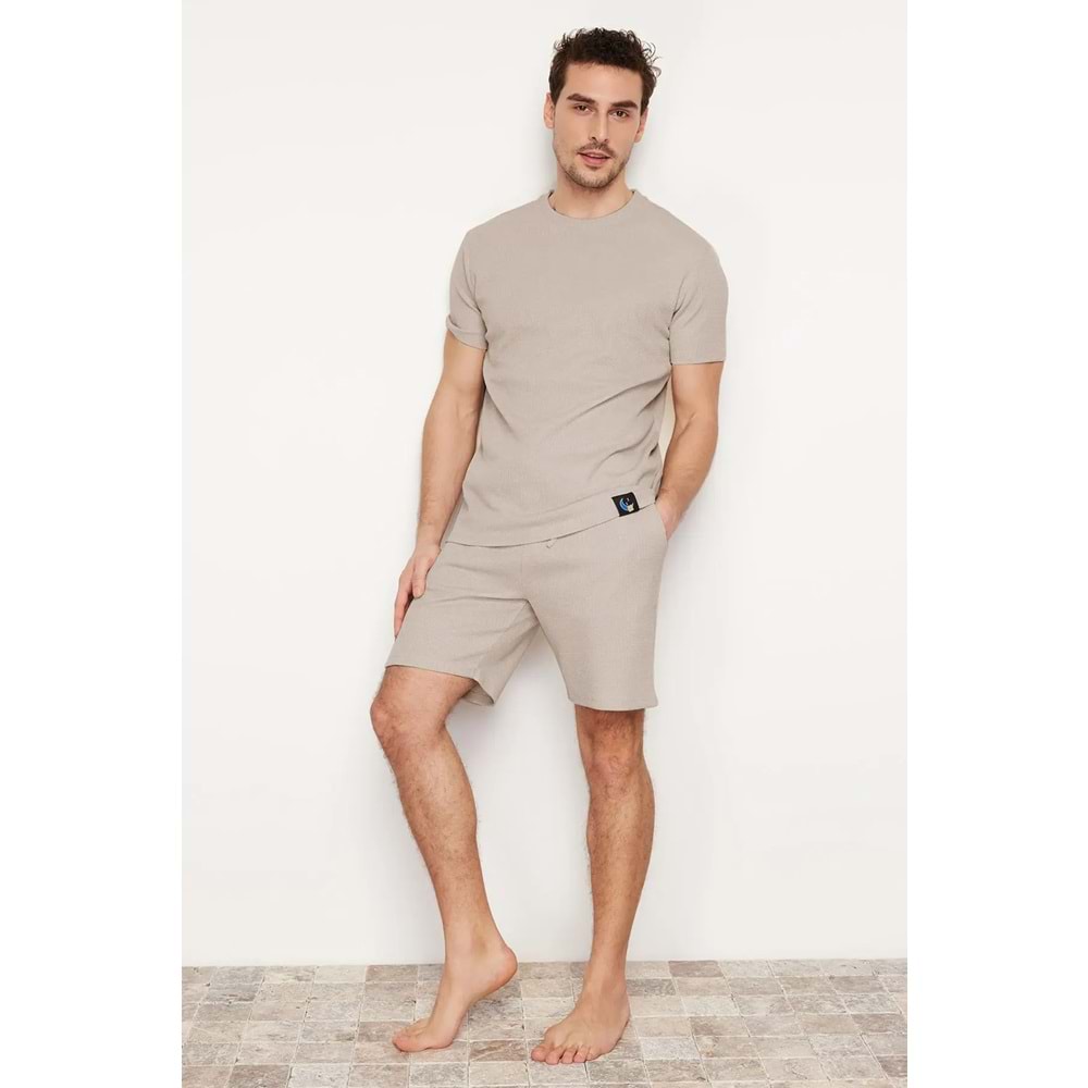 Trendyolmilla Man Bej Regular Regular Fit Waffle Örme Şortlu Kalın Pijama Takımı
