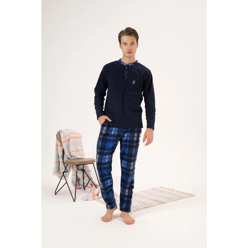 Estiva Erkek Kışlık Düğmeli Yaka Kareli Alt Polar Pijama Takımı