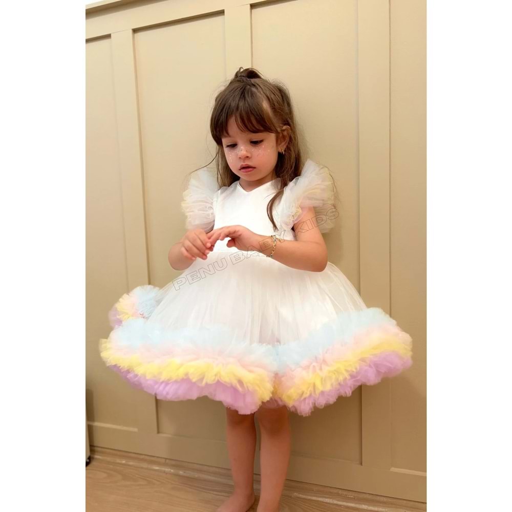 Beyaz Karnaval Renkli Kısa Kol Kız Bebek & Kız Çocuk Elbise