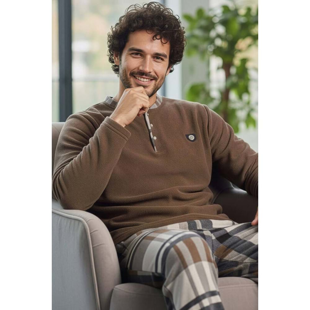 Cappuccino Kahve Ekose Desenli Polar Erkek Pijama Takımı