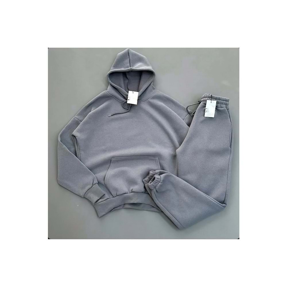 3 İplik Pamuklu Kumaş Kışlık Unisex Oversize Kadın Erkek Uzun Kol Alt-Üst Eşofman Takım