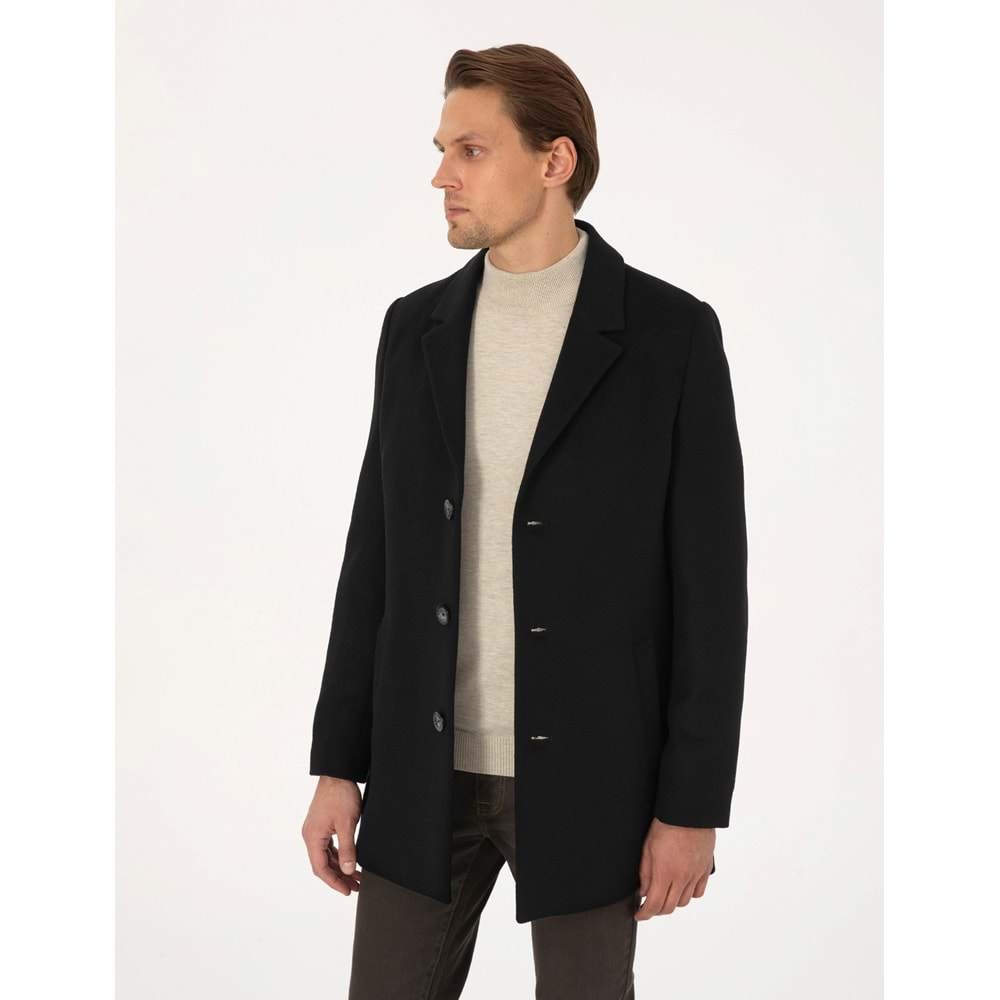 PİERRE CARDİN Siyah Ekstra Slim Fit Yün Karışımlı Kaşe Kaban