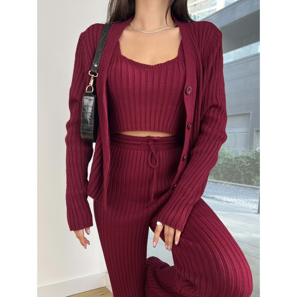 Hırka Crop Yüksek Bel Pantolon Sofiane Kadın Bordo Üçlü Triko