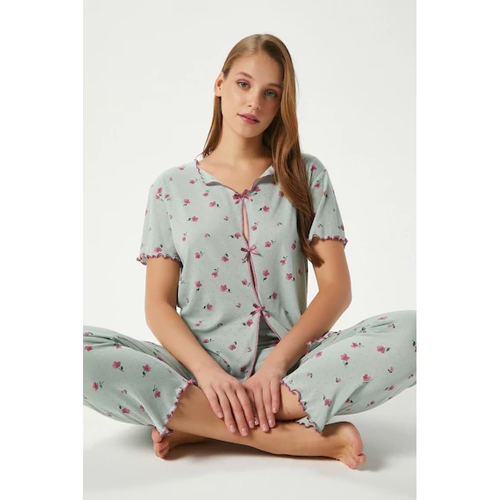 Ritnice Kadın Juliet Kurdeleli Yumuşak Doku Yeşil Çiçekli Pijama Takımı