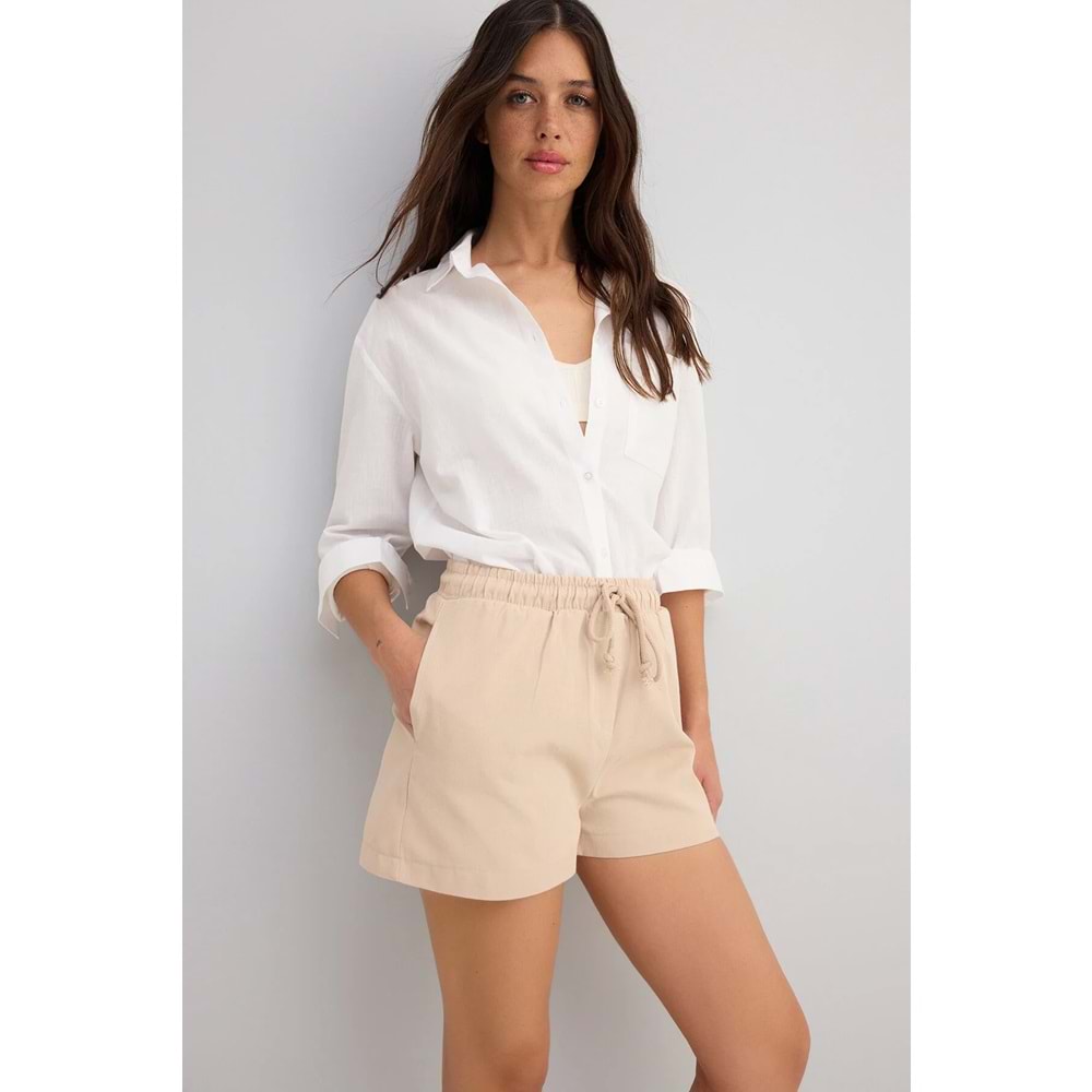 Trendyolmilla Bej Pamuklu Gabardin Mini Bağcıklı Şort & Bermuda