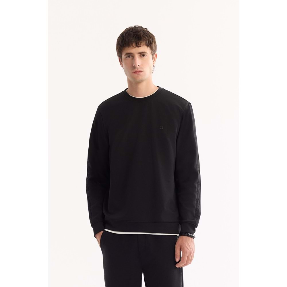 Siyah Bisiklet Yaka Kolay Ütülenen Bi-Stretch Sweatshirt