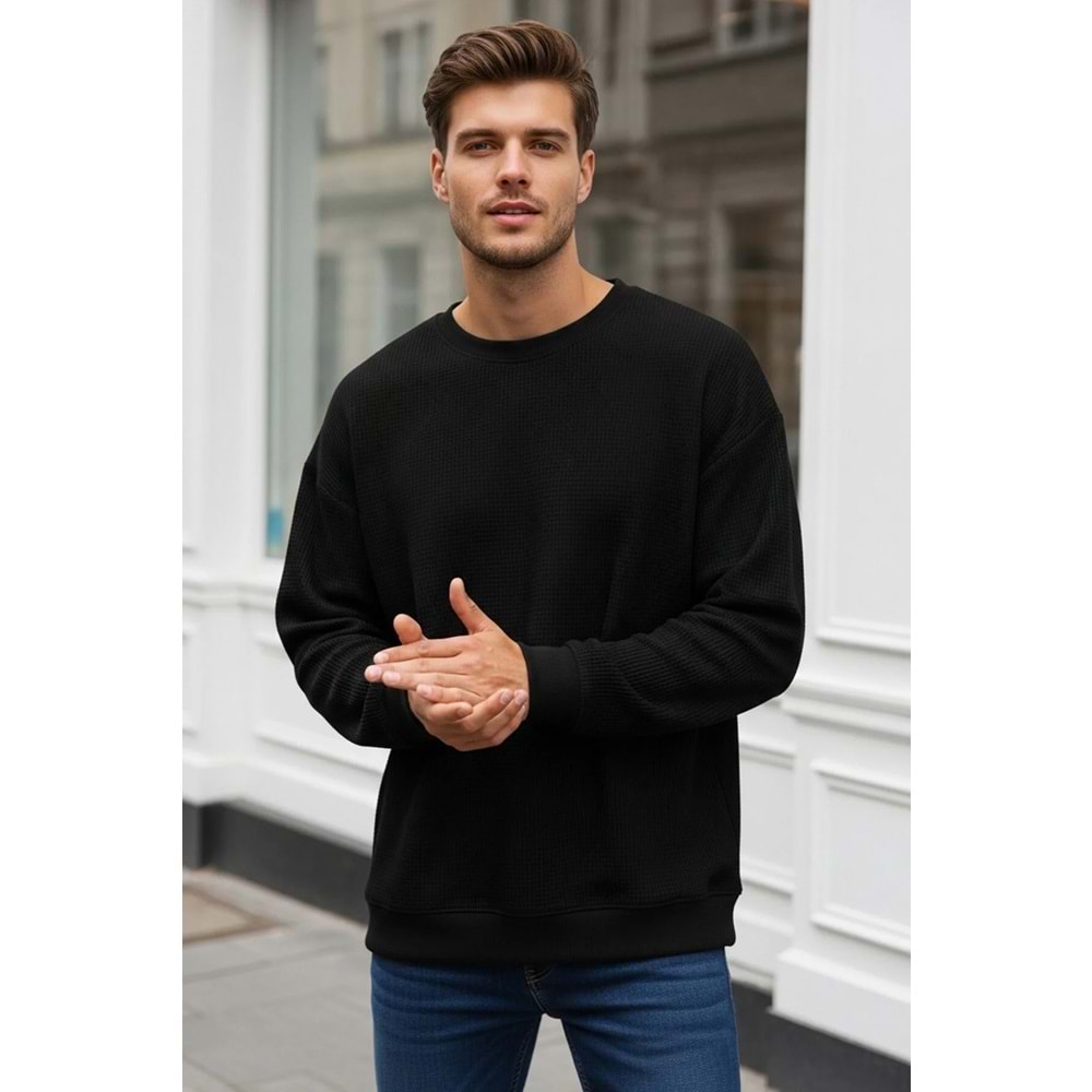 Siyah Waffle Oversize/Geniş Kesim Bisiklet Yaka Dokulu Basic Şardonsuz Sweatshirt