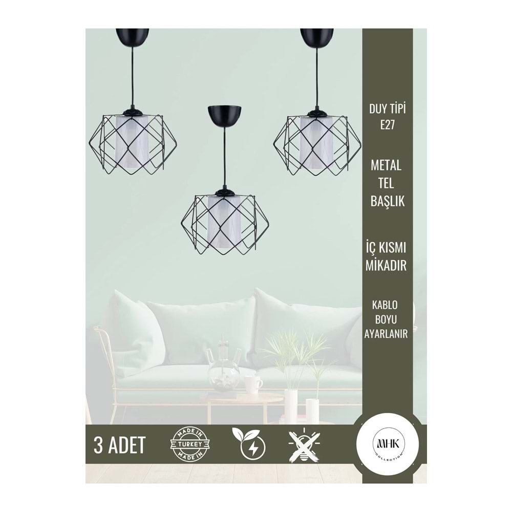 MHK Collection 3 Adet Siyah Tasarım Beyaz Mika Çok Kare Salon Mutfak Banyo Yatak Odası Çocuk Odası Antre Avize