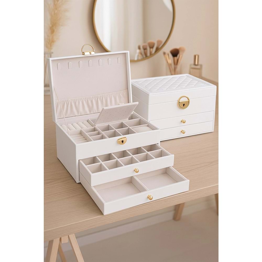 Modern 2 Çekmeceli Takı Mücevher Kutusu Organizer Düzenleyici Beyaz 13 X 23 X 10 cm