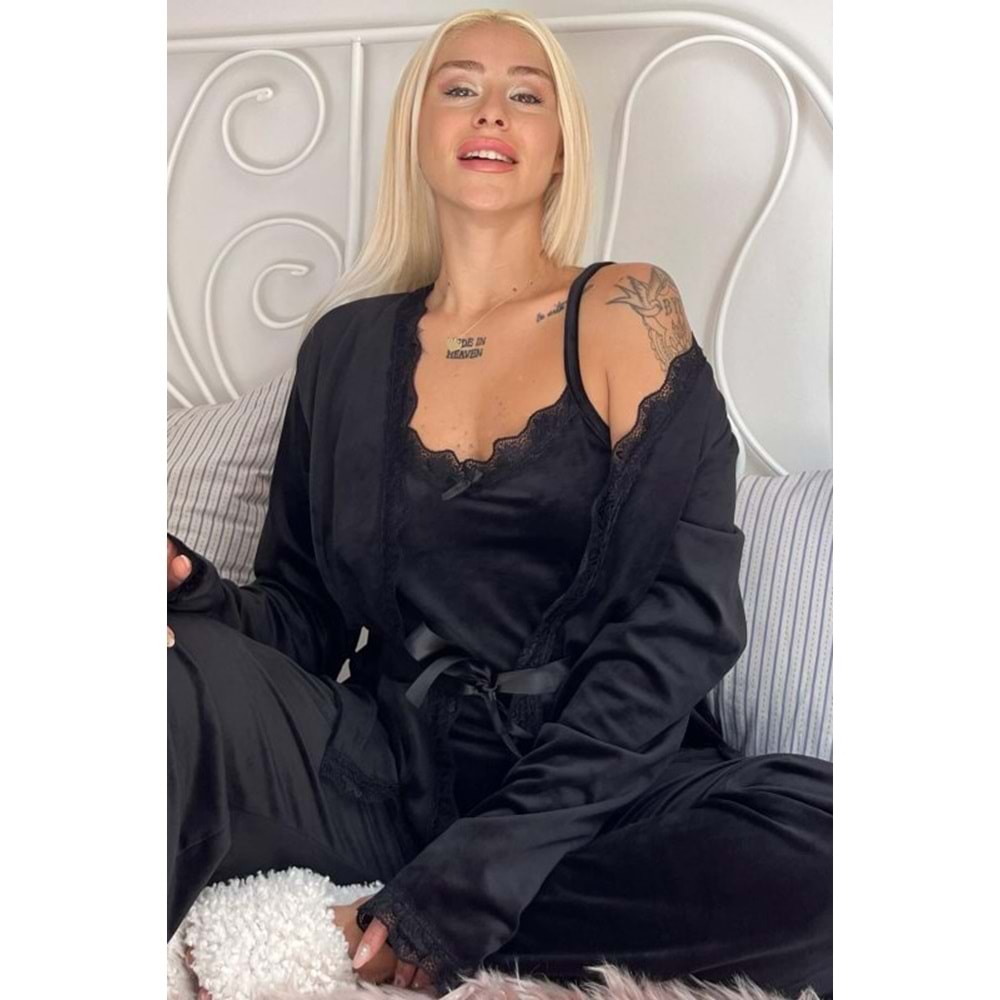 Siyah Nero Exclusive Kadife Sabahlıklı Kadın Pijama Takımı
