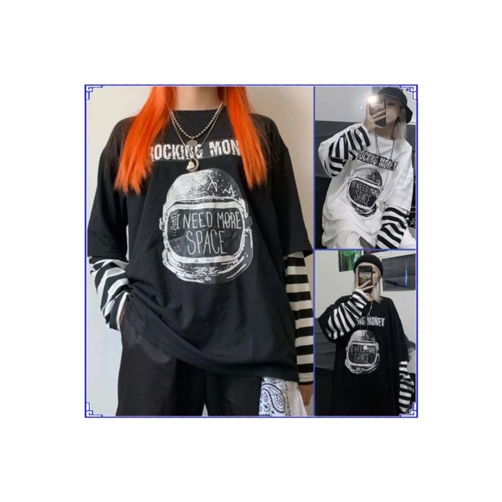 Köstebek SİYAH I NEED MORE SPACE UNİSEX ÇİZGİLİ KOLLU T-SHIRT