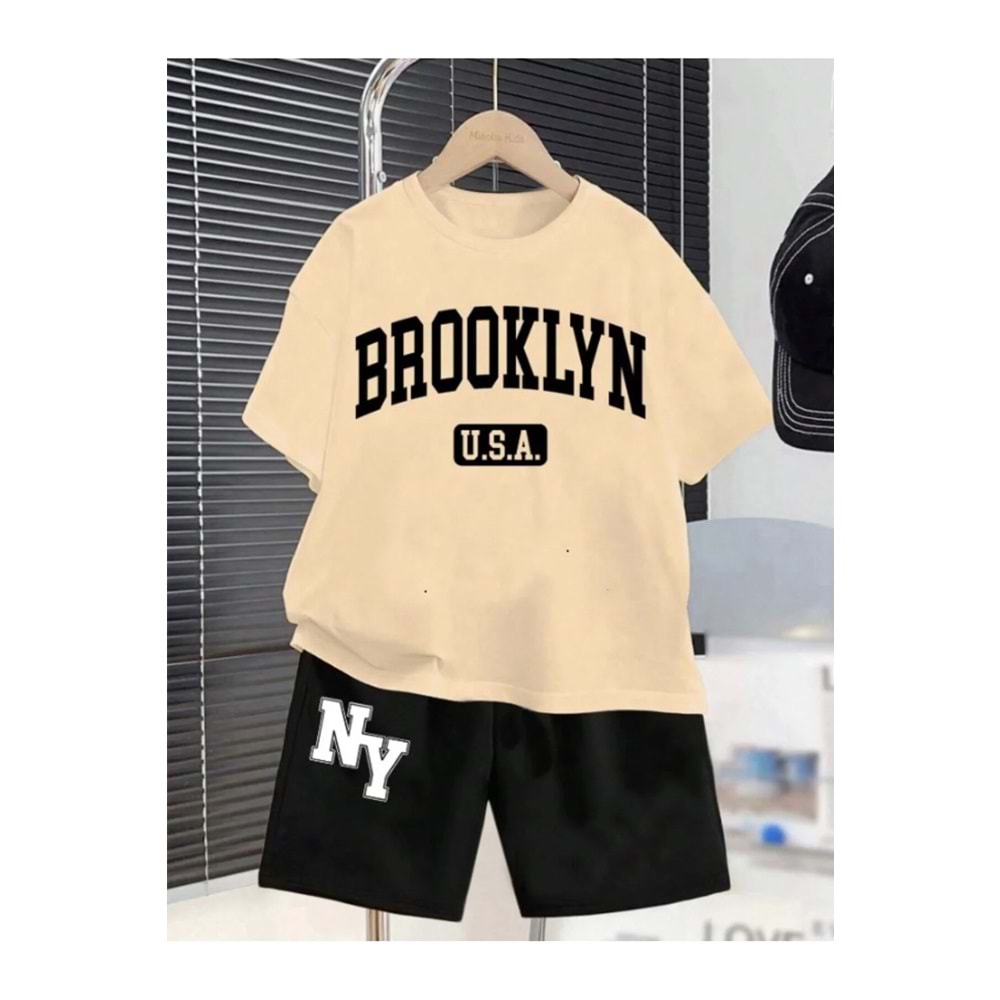 Erkek Çocuk Bej-siyah Brooklyn Baskılı Penye Tişört Şort Takım