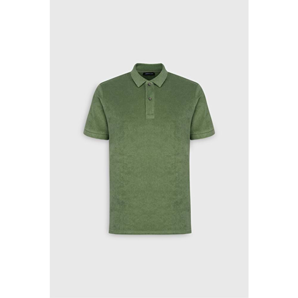 Slim Fit Dar Kesim Pamuklu Havlu Kumaş Polo Yaka Yeşil Tişört
