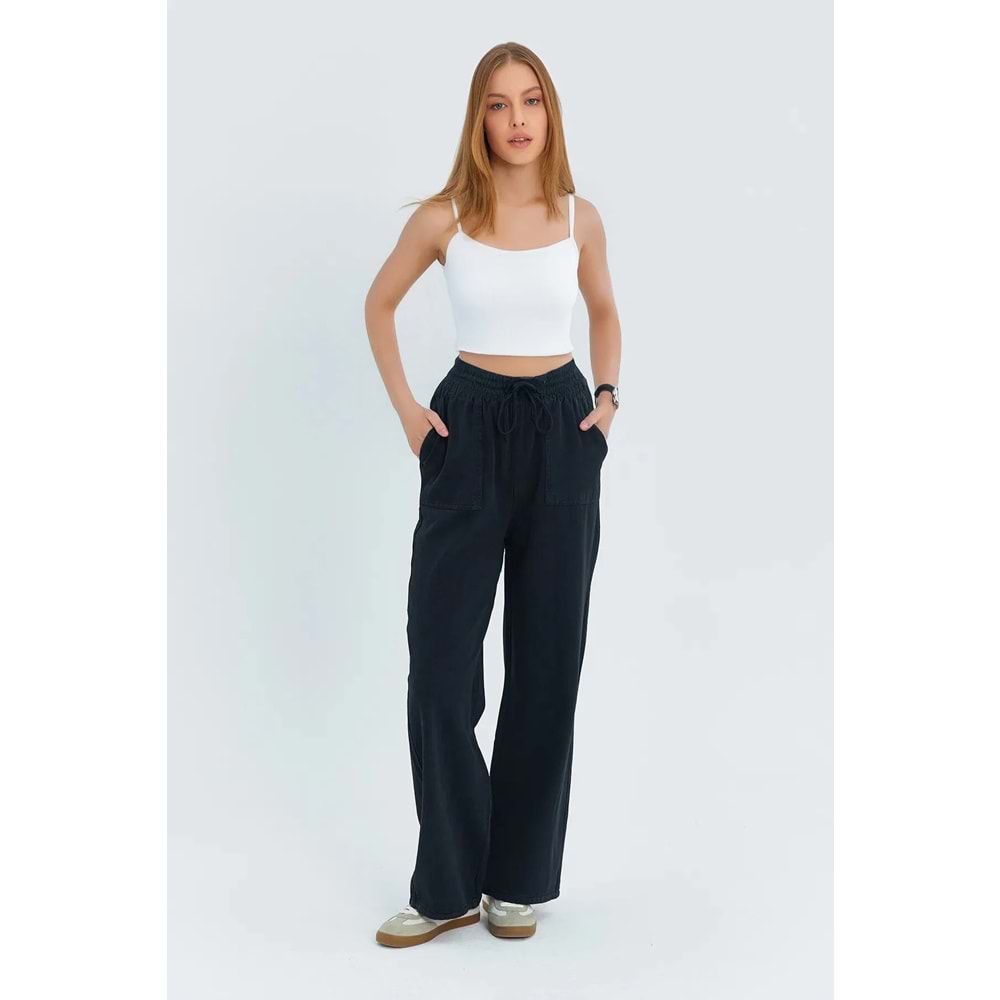 Trendyolmilla Siyah Cep Detaylı Kot Görünümlü Wide Leg/Geniş Paça Dokuma Pantolon