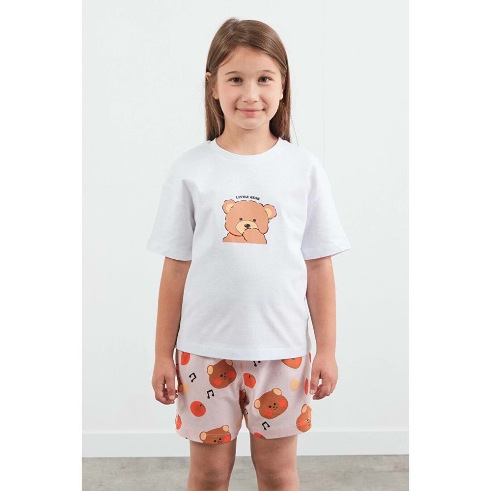 Fullamoda Pembe %100 Pamuk Ayıcık Baskılı Unisex Şortlu Pijama Takımı