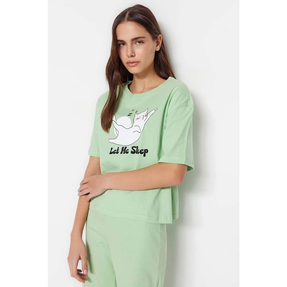 Açık Yeşil %100 Pamuklu Hayvan Baskılı Örme Pijama Takımı