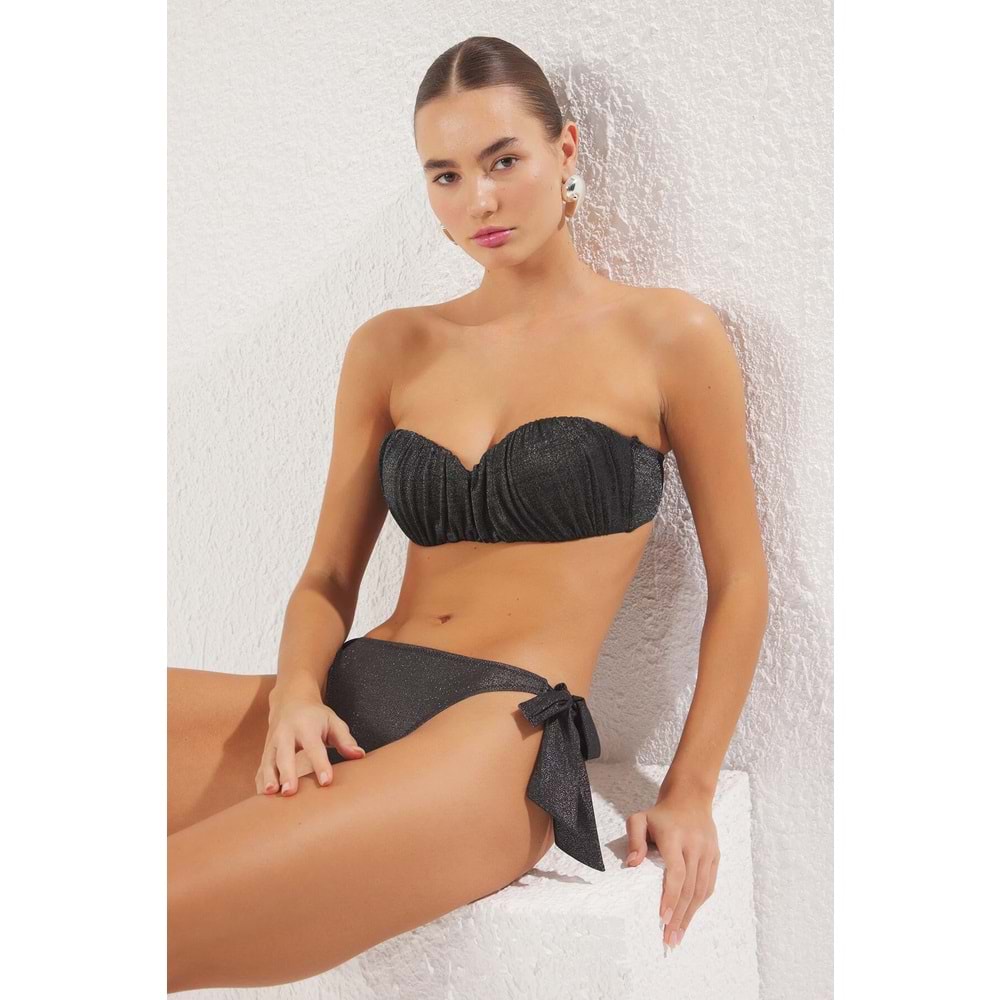 Trendyolmilla Antrasit Simli Drapeli Straplez Kaplı Regular Normal Bel Bikini Takımı