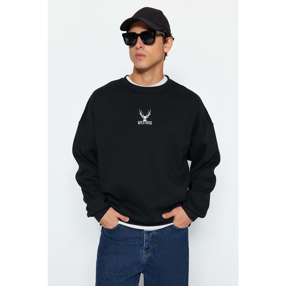 Siyah Oversize/Geniş Kesim Uzun Kol Hayvan Nakışlı Sweatshirt