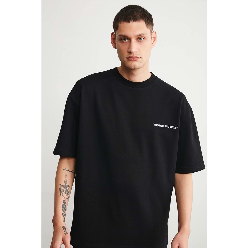 GRIMELANGE Erkek Nakışlı Oversize Siyah T-Shirt