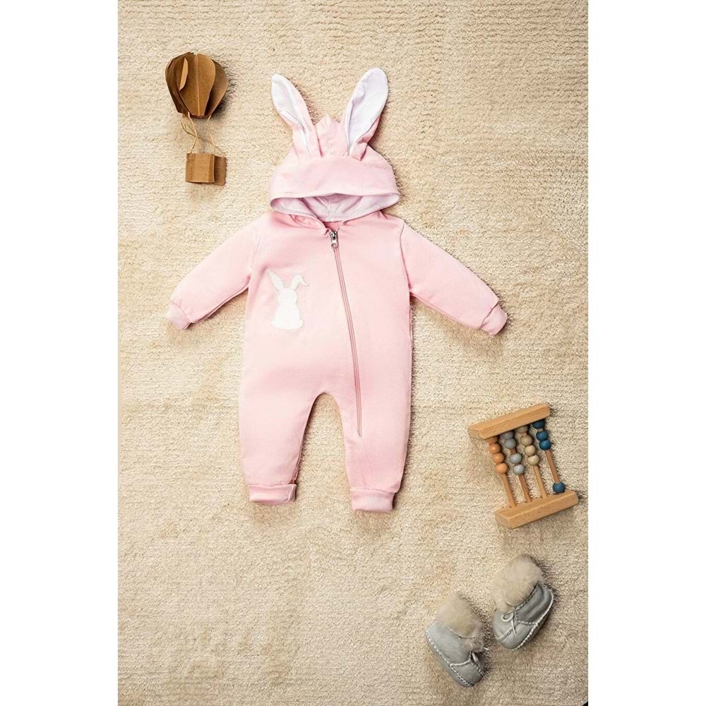 Pembe Ponponlu Tavşan Nakışlı Fermuarlı Kulaklı Bebek Tulumu