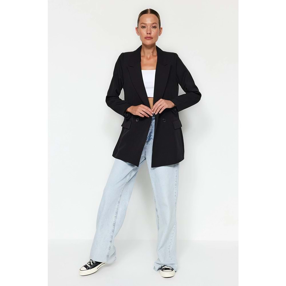 Siyah Regular Astarlı Kruvaze Kapama Dokuma Blazer Ceket