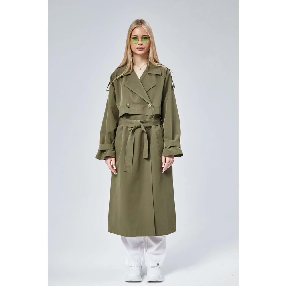 Haki Oversize Kruvaze Kapama Rüzgarlık Detaylı Trençkot