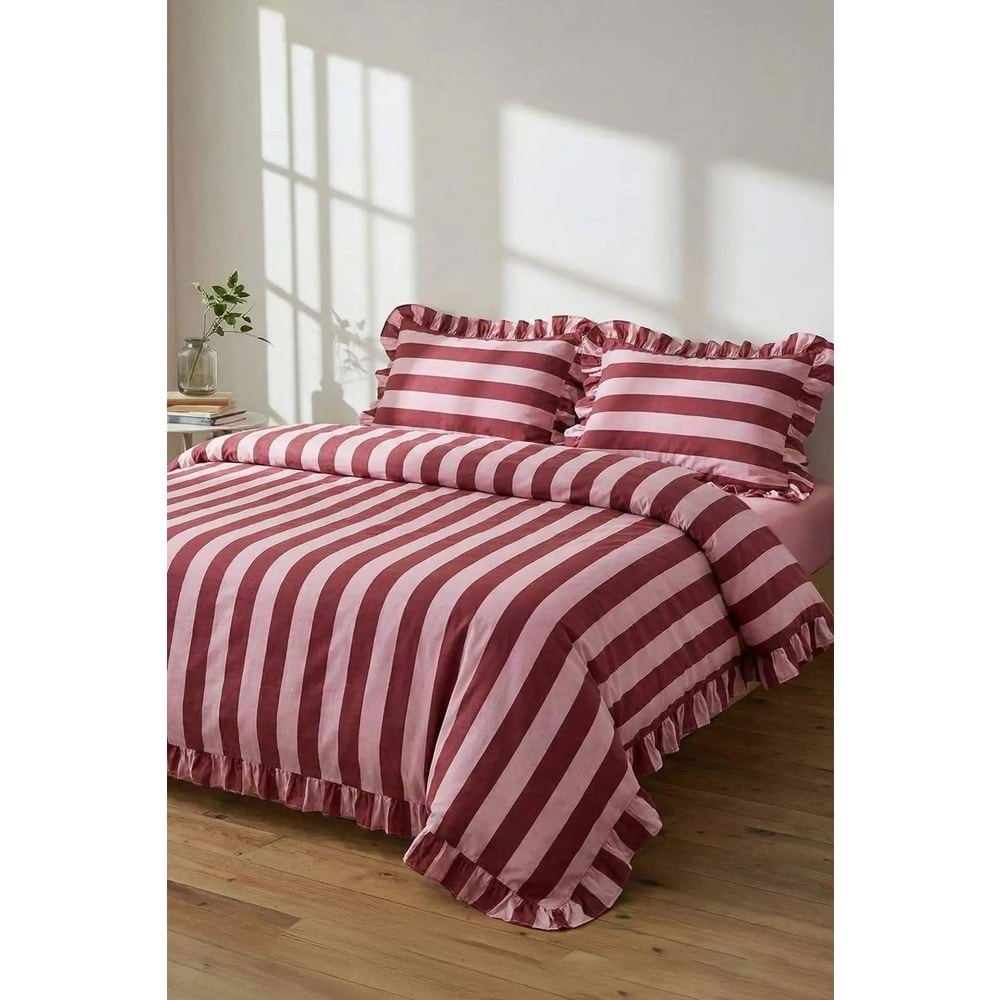Trendyolmilla Home Çift Kişilik Fırfırlı Çizgili Çarşafsız Nevresim Seti
