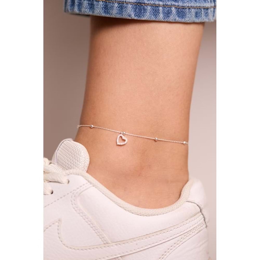Elika Silver 925 Ayar Gümüş Top Zincirli Kalp Model Halhal