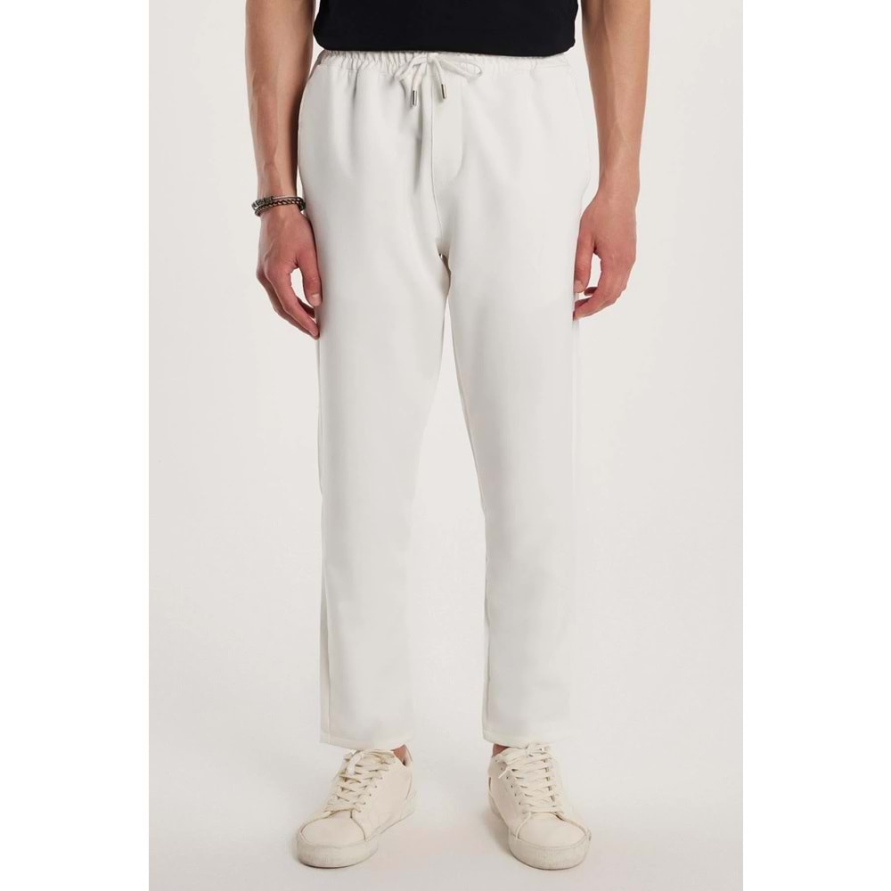 Erkek Regular Fit Beli Lastikli Bağcıklı Jogger Beyaz Pantolon