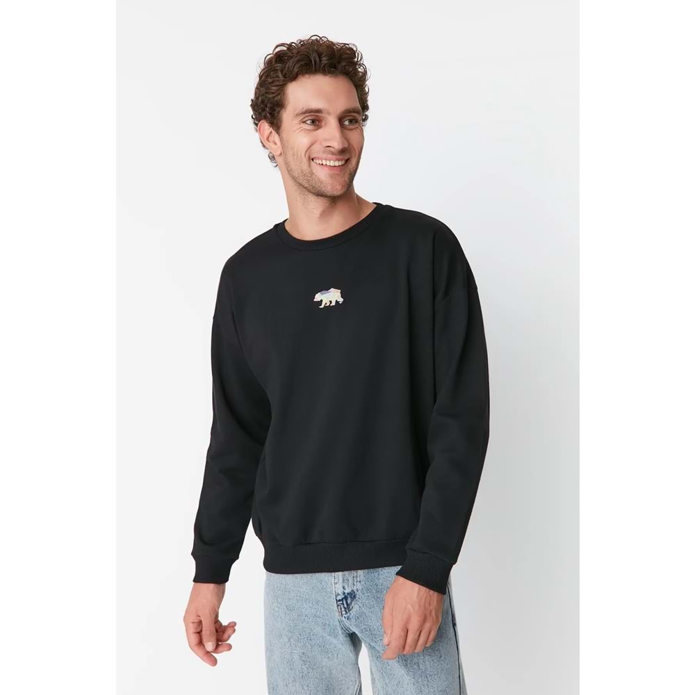 Trendyolmilla Man Oversize/Geniş Kesim Fit Hayvan Nakışlı İçi Polar/Sıcak Tutan Sweatshirt