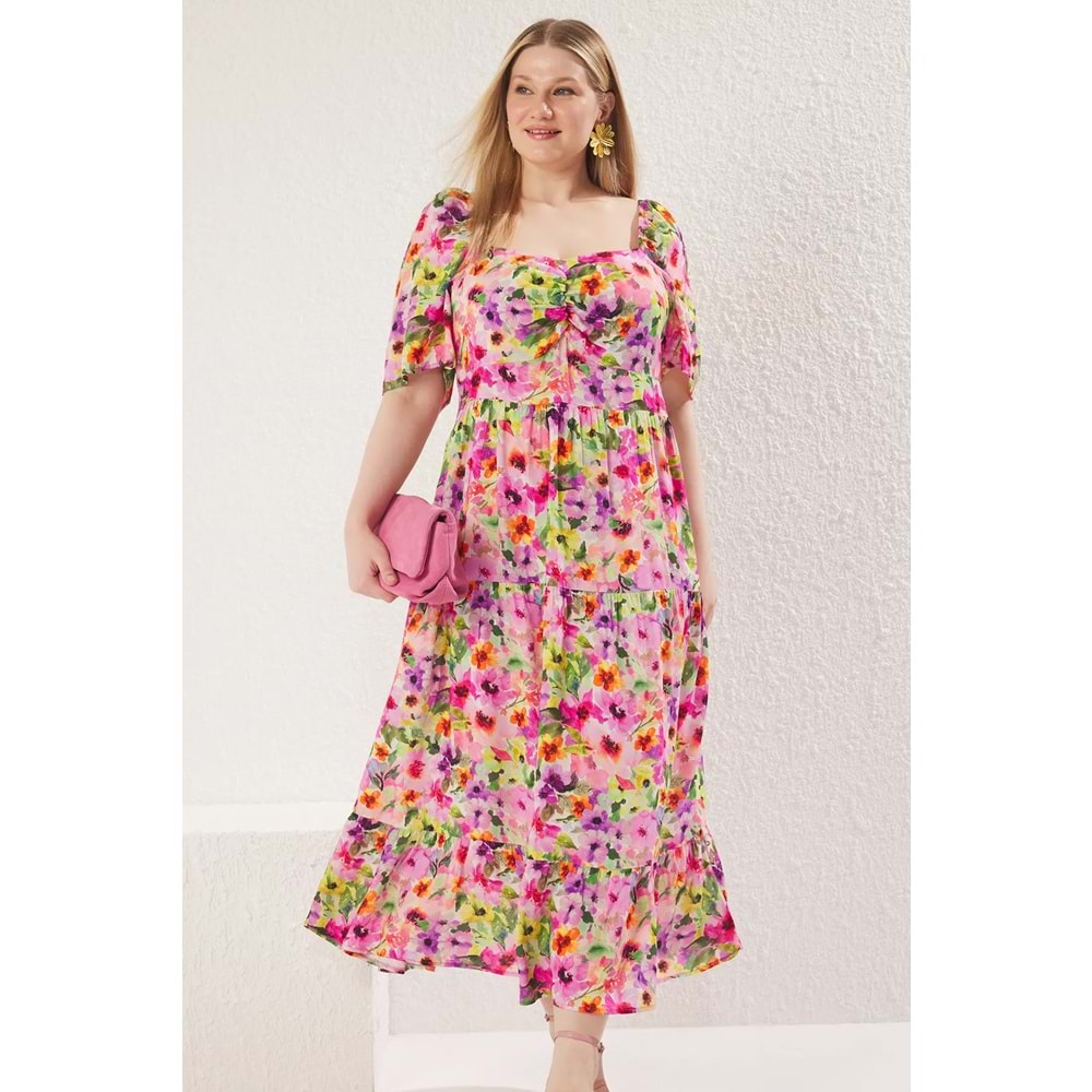 Trendyolmilla Curve Çok Renkli-Pembe Çiçek Desenli Dokuma Fırfır Detaylı Elbise