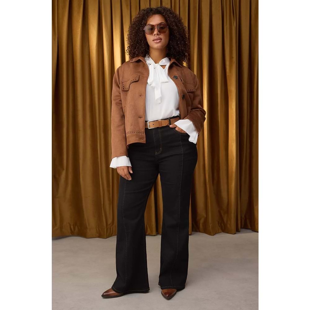 Trendyolmilla Curve Özel Koleksiyon Siyah Yüksek Bel Nervürlü İspanyol Paça Büyük Beden Flare Jeans