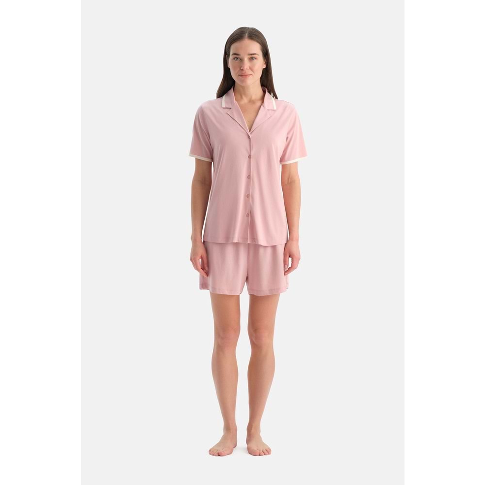 Dagi Açık Pembe Kısa Kollu Pamuk Modal Gömlek Şort Pijama Takımı