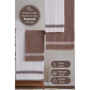 MODALİN 50x90 + 70x140 Cm Elvin 4'lü Banyo Havlusu Seti Kahverengi - Beyaz
