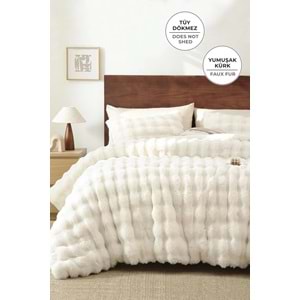 Evlen Home Collection Kürk Yatak Örtüsü 230x250 cm Çift Kişilik Battal Peluş Yumuşak Yorgan 3 Pcs Lory Kırık Beyaz